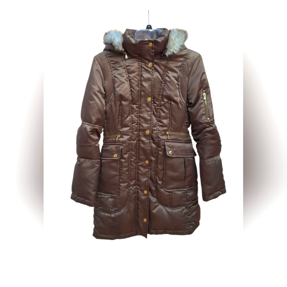 Vintage Guess Hooded Long Down Jacket Fur Trim Puffer Utility Parka Womens XS